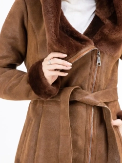 Дубленка женская натуральная длинная с капюшоном Турция