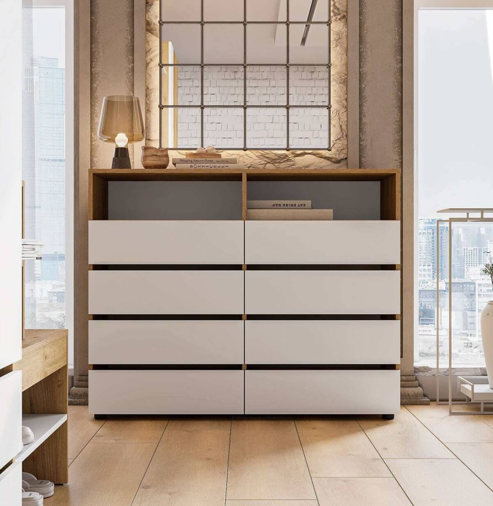 МС "Абрау" Комод с ящиками Дуб Золотой/Белый, Дуб Золотой/Графит Серый