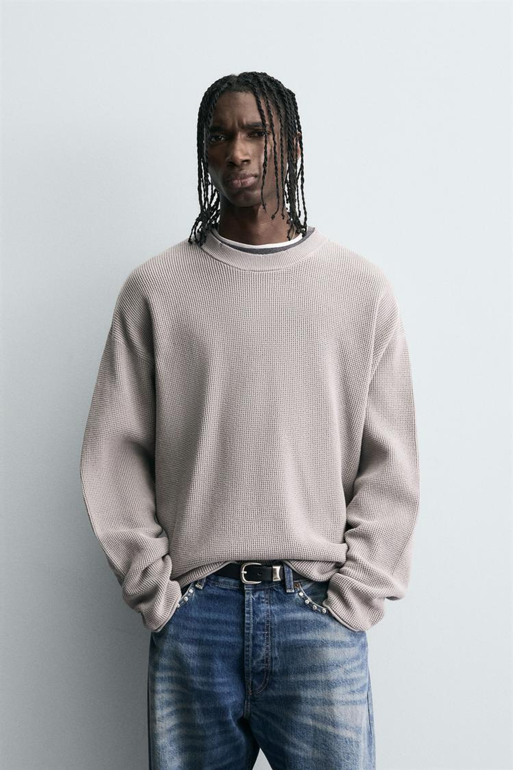 ZARA СВИТЕР ВАФЕЛЬНОГО ПЛЕТЕНИЯ С ЭФФЕКТОМ ПОТЕРТОСТИ, СЕРЫЙ