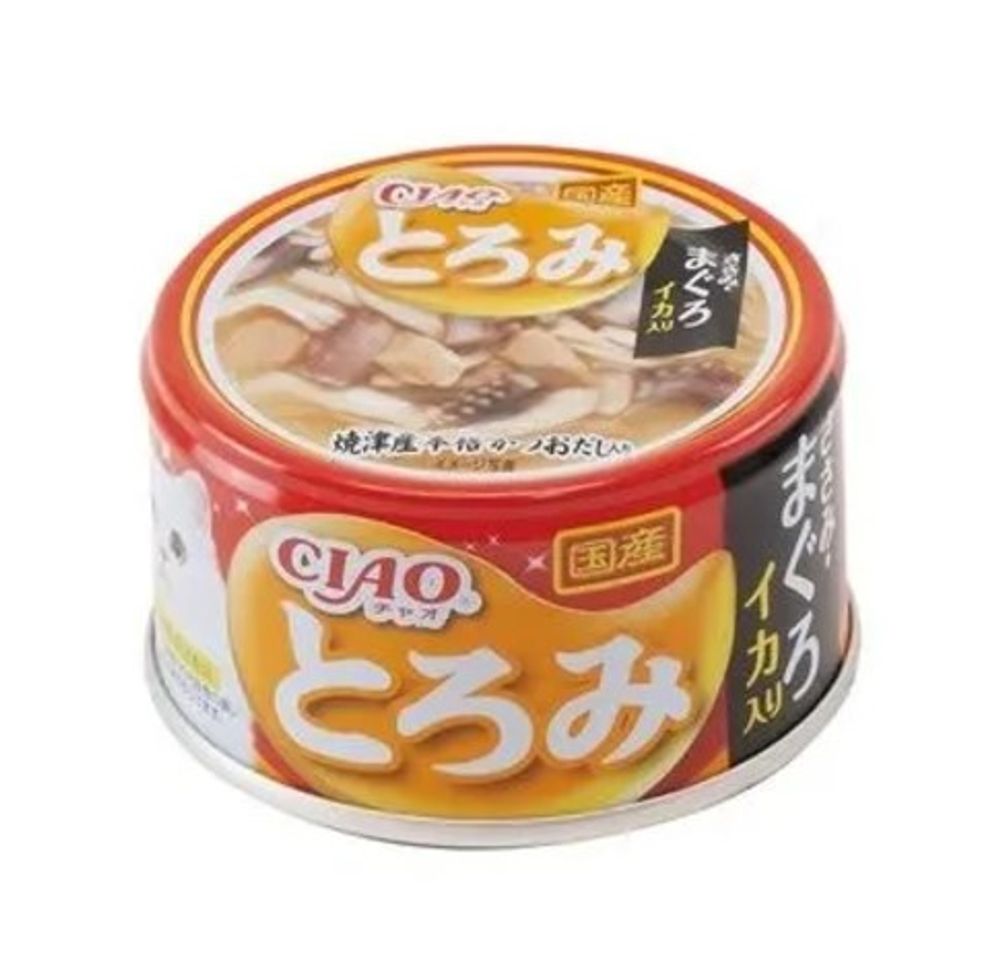 Влажный корм для кошек INABA ТОРОМИ с куриным филе, тунцом магуро и кальмаром, в бульоне.Банка 80г Влажный корм для кошек INABA ТОРОМИ с куриным филе, тунцом магуро и кальмаром, в бульоне.Банка 80г