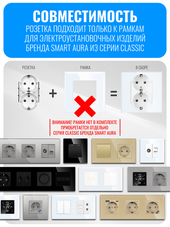 Розетка с заземлением двойная в один пост Smart Aura серия Classic без рамки