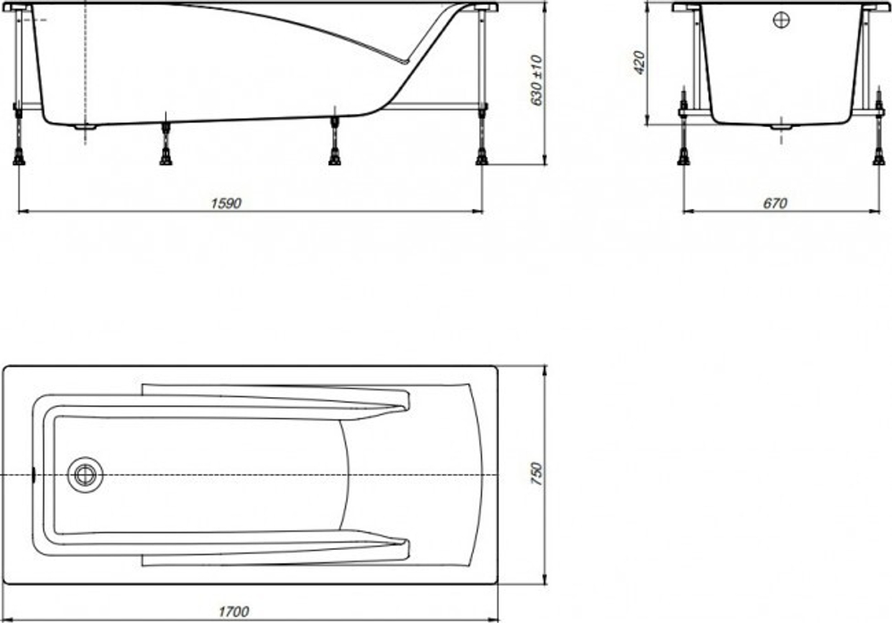 ВАННА АКРИЛОВАЯ ROCA HALL 170X75  в комплекте сифон, каркас