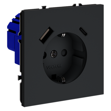 Розетка встраиваемая VOLTUM S70 с заземлением и защитными шторками, 16А, с USB, A+С, (графит)