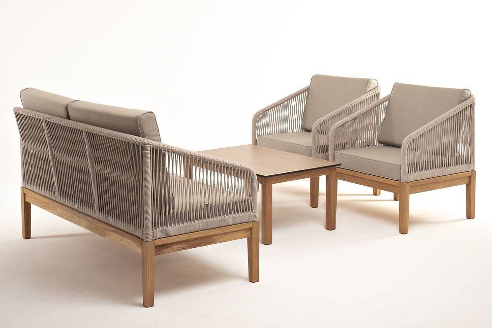 "Канны" лаунж-зона 4-местная из роупа со столиком "Канны" цвета "дуб", основание дуб, роуп бежевый