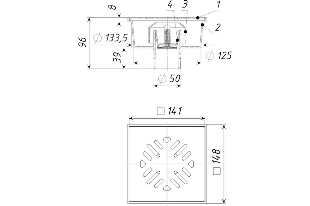 ТРАП ПЛАСТИК. НЕРЖ. РЕШЕТКА ПРЯМОЙ 15 Х 15 СМ (ДИАМ. 50ММ), MP-У ИС.110455