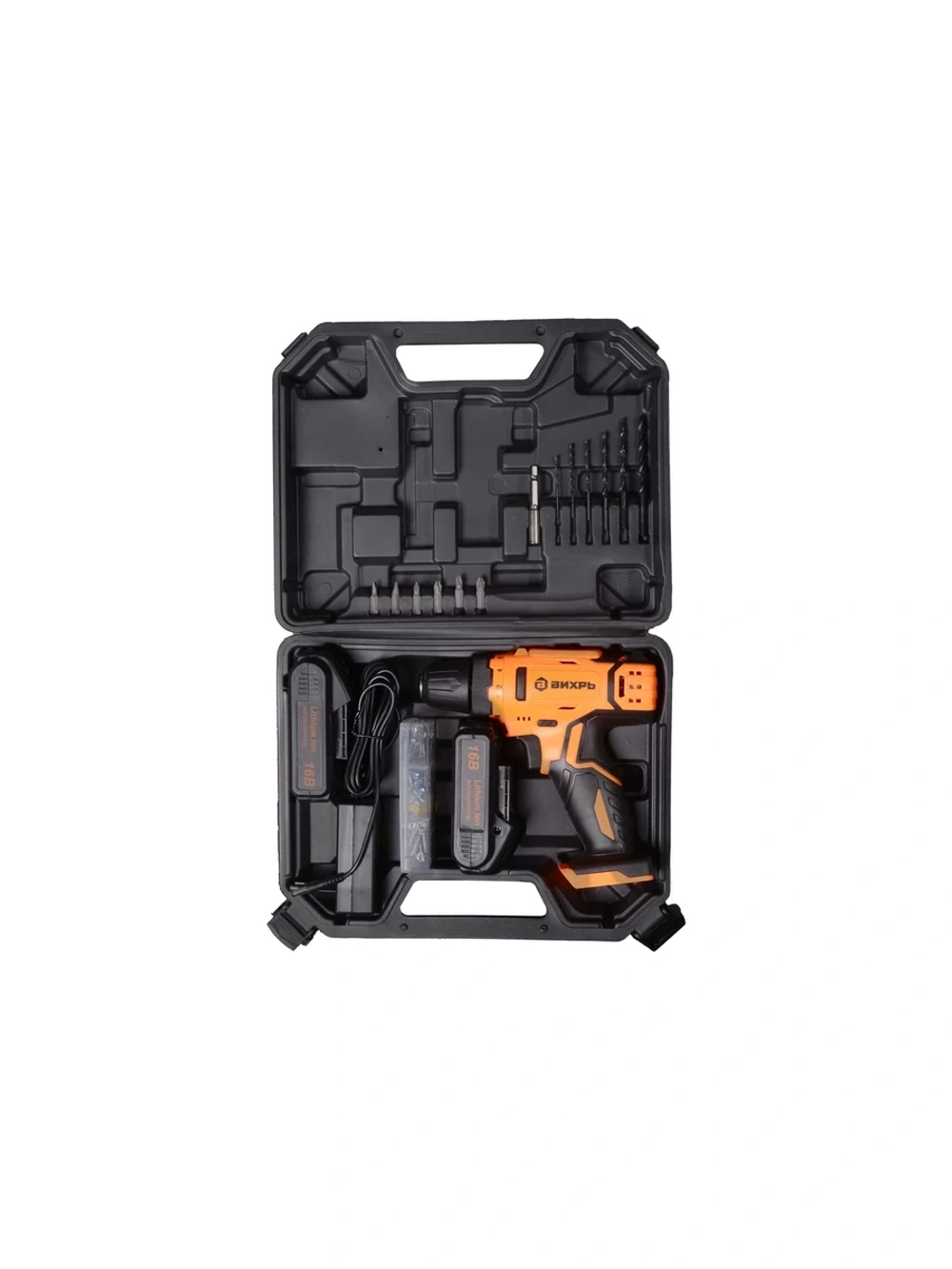 Аккумуляторная дрель-шуруповерт Вихрь ДА-16Л-2КА с набором оснастки, 65 предметов 72/14/49