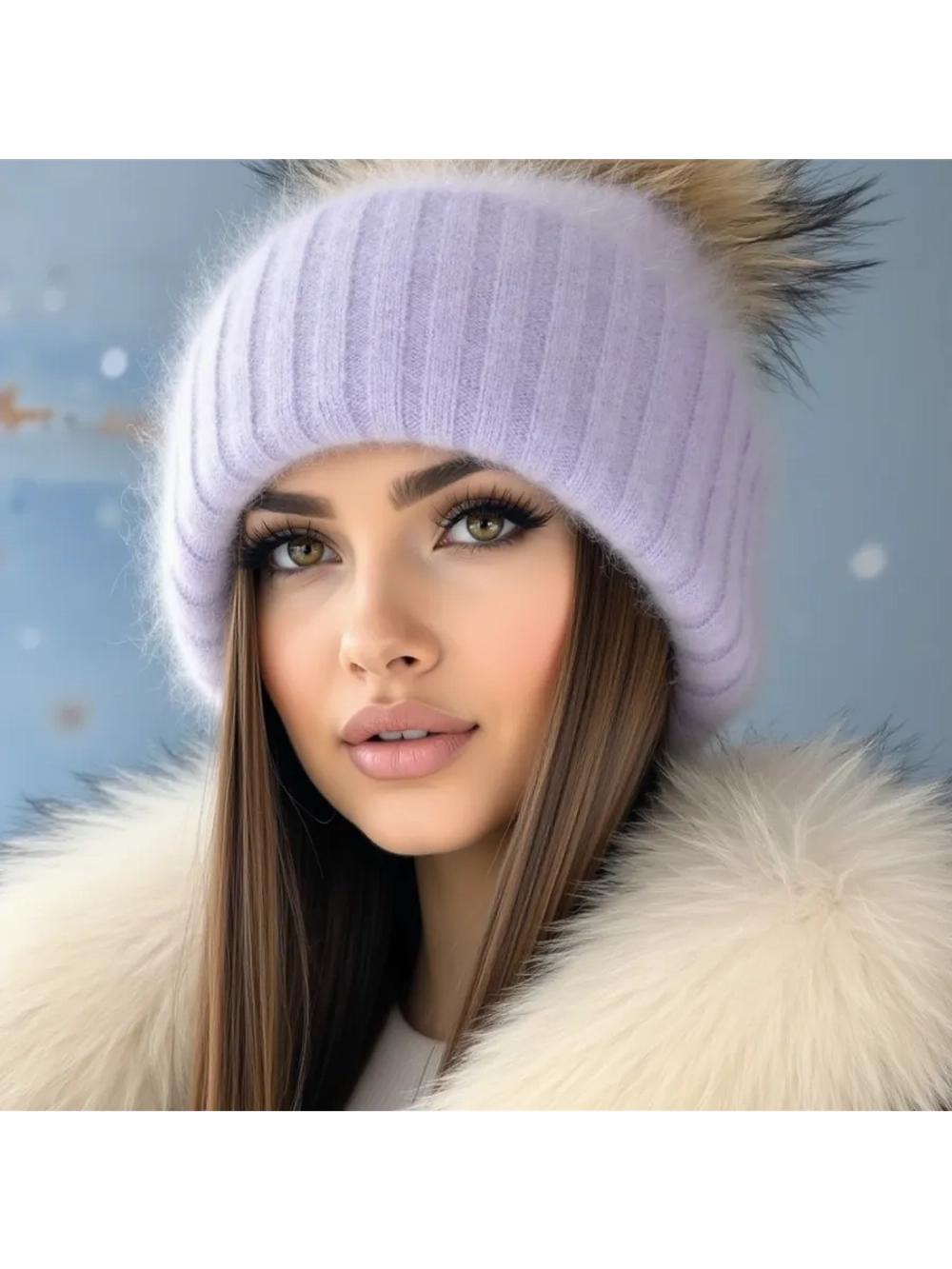 шапка ангора с меховым помпоном зимняя пушистая стильная