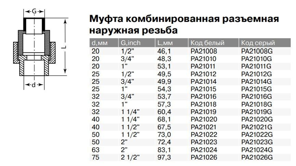 Муфта PPR комбинированная разъемная Ду20-75, наружная резьба, белая, Pro Aqua