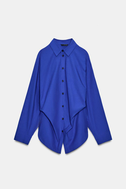 ZARA РУБАШКА ИЗ ПОПЛИНА С БОКОВЫМИ ВЫТАЧКАМИ, ЯРКО-СИНИЙ