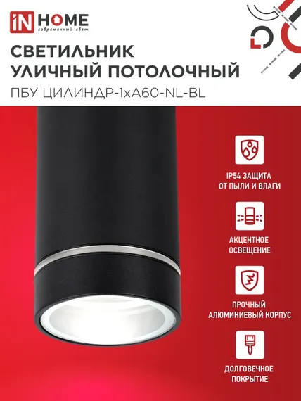 Светильник уличный потолочный ПБУ ЦИЛИНДР-1xА60-NL-BL с подсветкой черный IP54 IN HOME