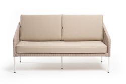 "Канны" диван 2-местный плетеный из роупа, каркас алюминий белый муар, роуп бежевый круглый, ткань бежевая 15052