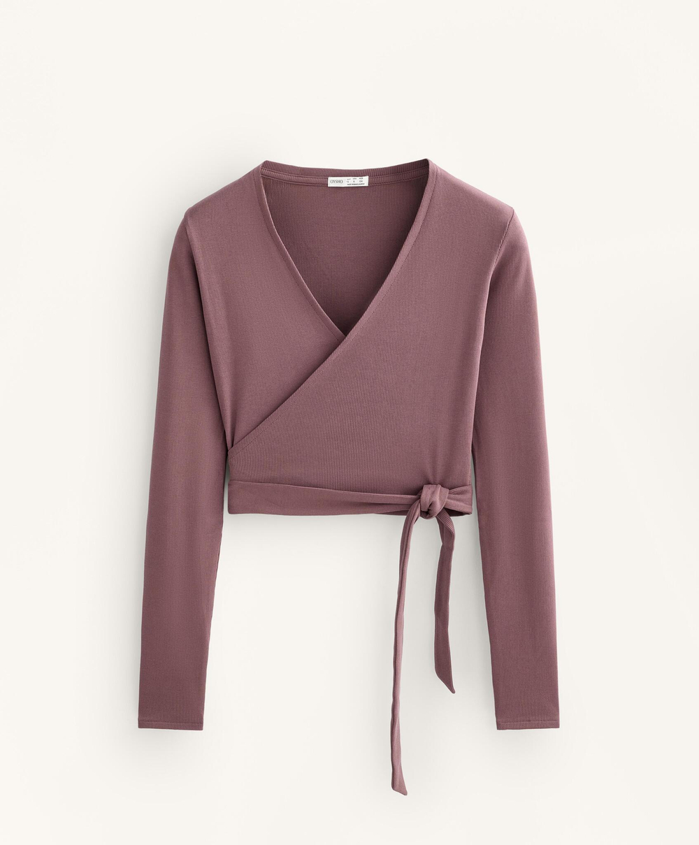 Oysho Топ с запахом из смесового хлопка в рубчик, розовый/лиловый