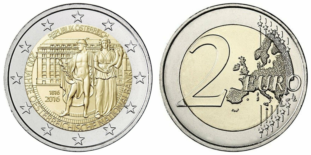 Австрия 2 евро 2016 200 лет Национальному банку