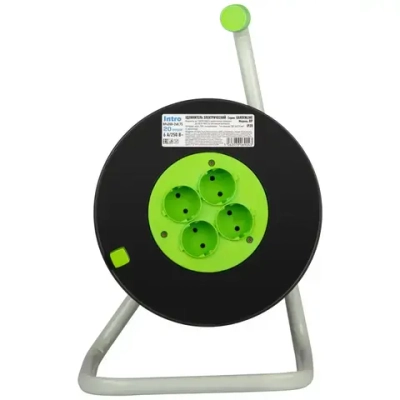 Удлинитель силовой на катушке Intro RP4200 20м без заземления 4 розетки ПВС 2х0.75мм, строительный садовый для газонокосилки и триммера