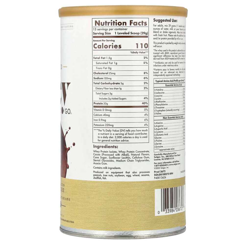Solgar, Whey To Go®, сывороточный протеин от коров травяного откорма, в порошке, с шоколадным вкусом, 377 г (13,2 унции)