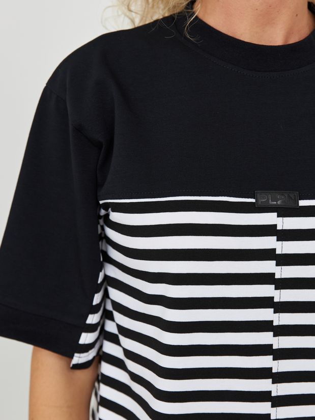 Футболка комбинированная,  а-симметричный низ, черно-белая