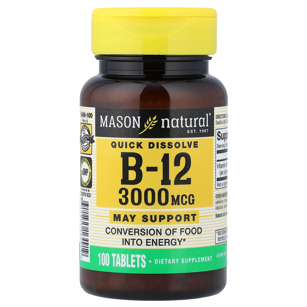 Mason Natural, быстрорастворимый витамин B12, 3000 мкг, 100 таблеток