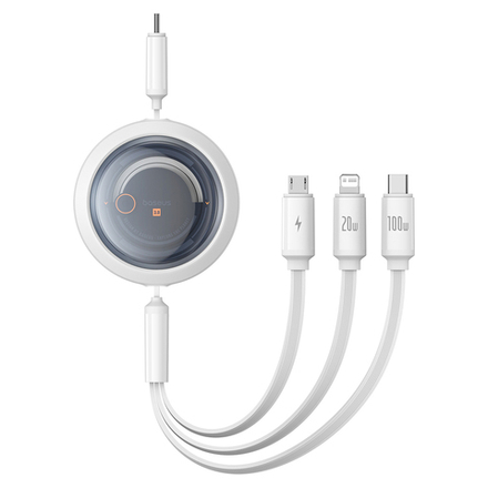 Кабель USB-C - C+L+M Baseus Free2Draw Retractable Crystal Charging+Data 100W 1.1m - Moon White