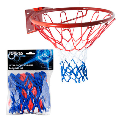 Сетка баскетбольнаяTORRES, SS11050, ПП, 4мм, дл. 0,55 м, вес 50 г, красно-бело-синяя