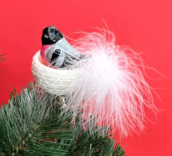 Елочное украшение Птичка в гнезде - снегирь, стекло, 8 см., Irena CO (50009)