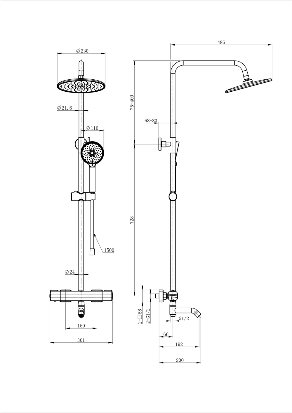 Душевая система с термостатом WONZON & WOGHAND STAY 1, Белый матовый (WW-B3051-A1-MW)