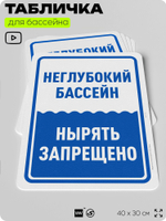 Табличка для бассейна "Неглубокий бассейн, нырять запрещено", на пляж, для общественной и частной зоны отдыха, информационная, 40х30 см, Silver Plane x Айдентика Технолоджи