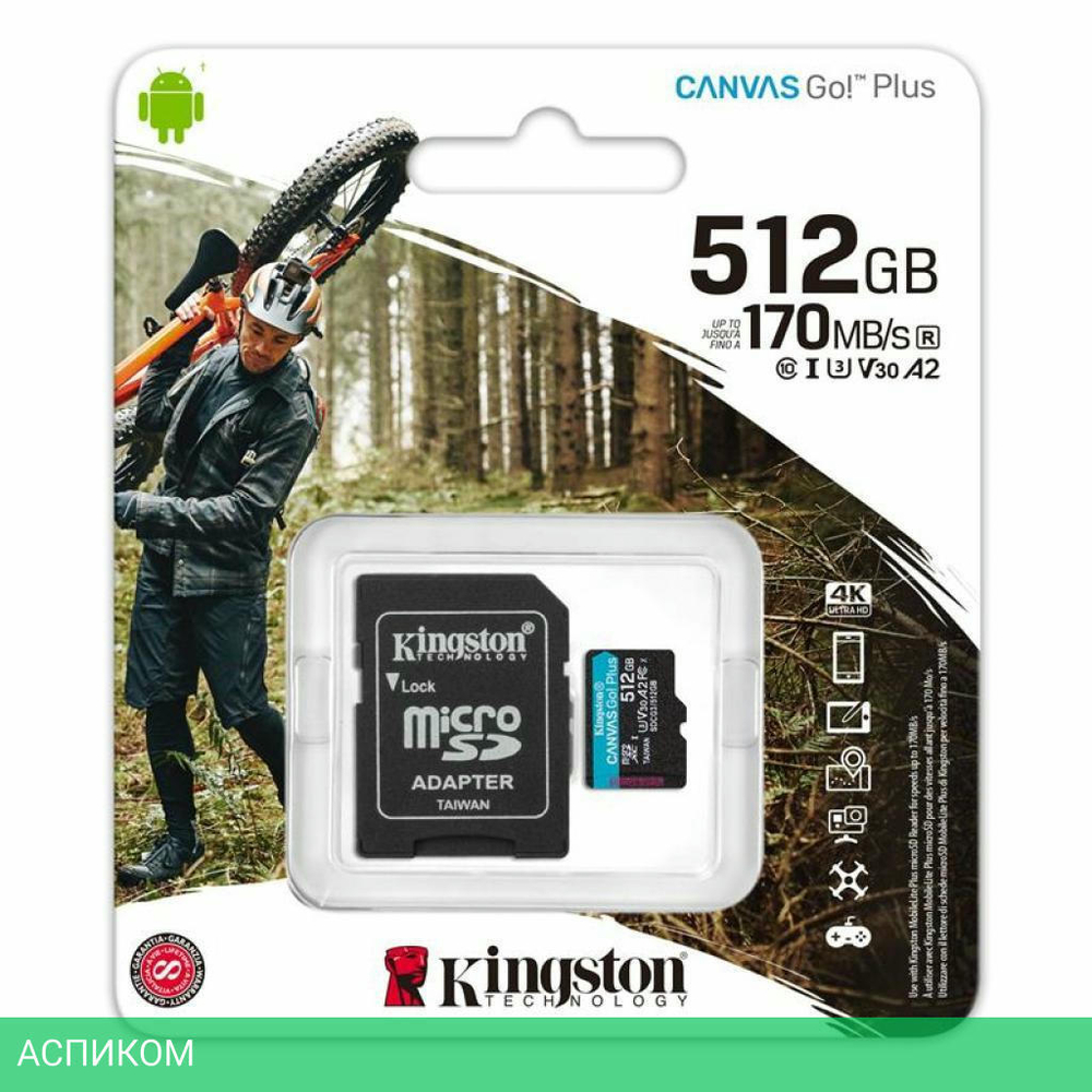 Карта памяти Kingston SecureDigital Micro 512Gb SDXC Canvas Go Plus 170R Class 10 UHS-I U3 V30 A2 + переходник (SDCG3/512GB)