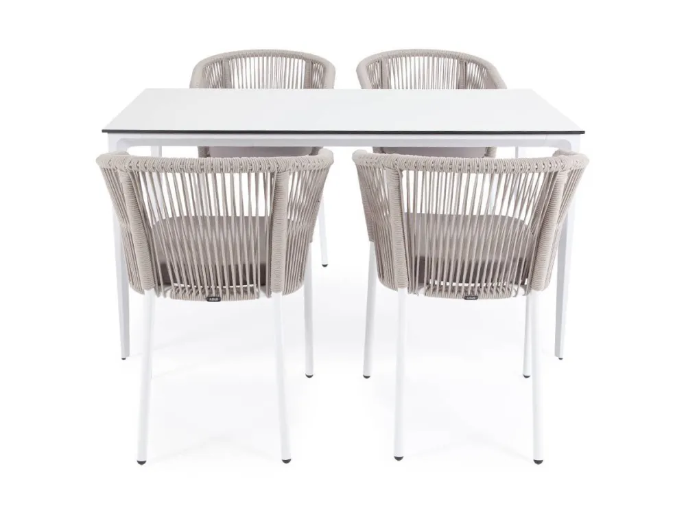"Малага" обеденная группа на 4 персоны со стульями "Марсель", каркас белый, роуп бежевый