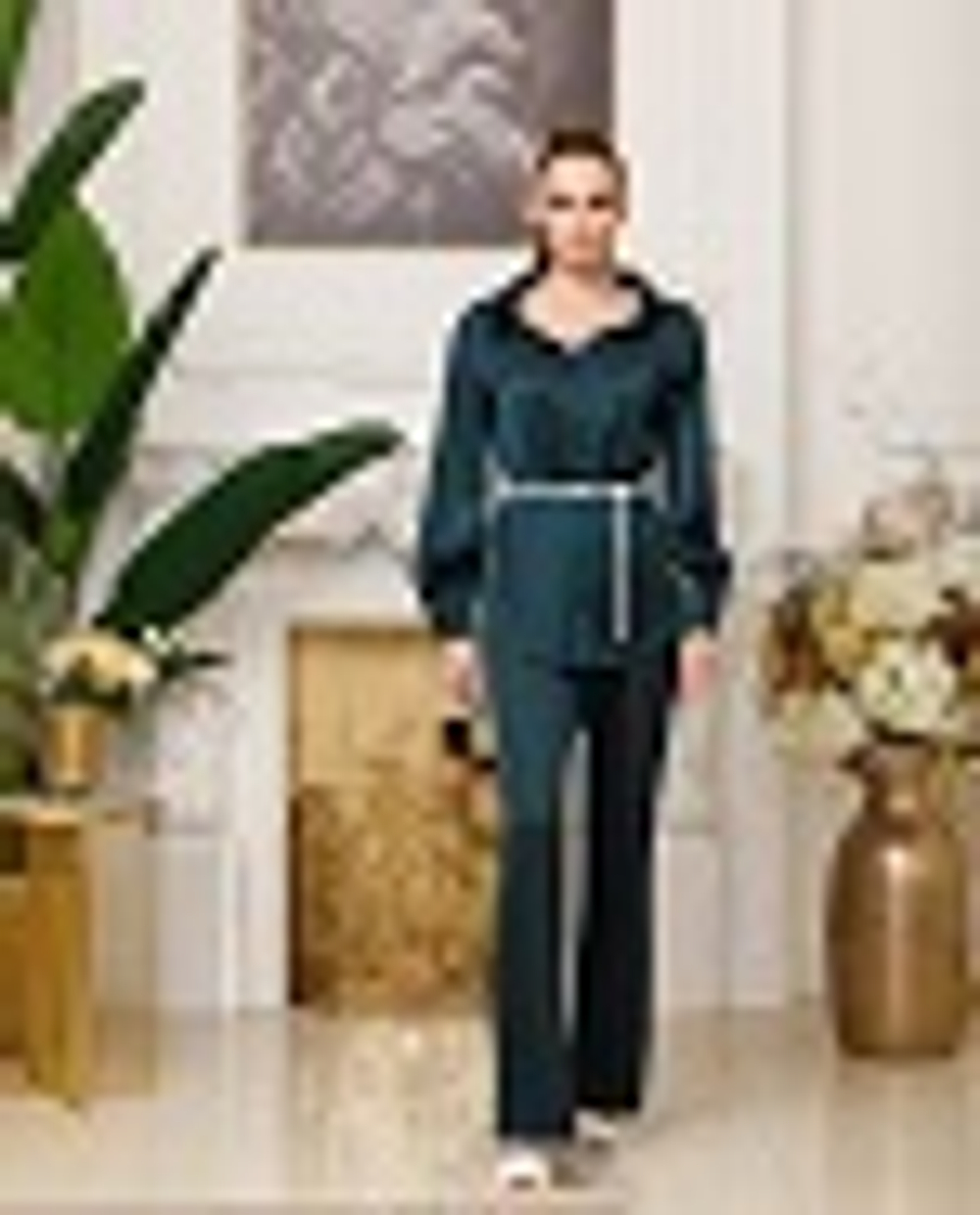 08-01-21 FW Шелковая блуза с глубоким декольте с воротником стойка, зеленый XL