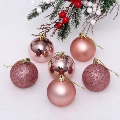 Новогодние шары 6 см (набор 6 шт) «Микс фактур», Розовое золото (пакет)