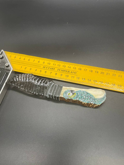 Обсидиановый нож с рукояткой из рога оленя с рисунком попугая 17 см