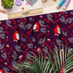 Ткань бифлекс снегири с ветками рябины