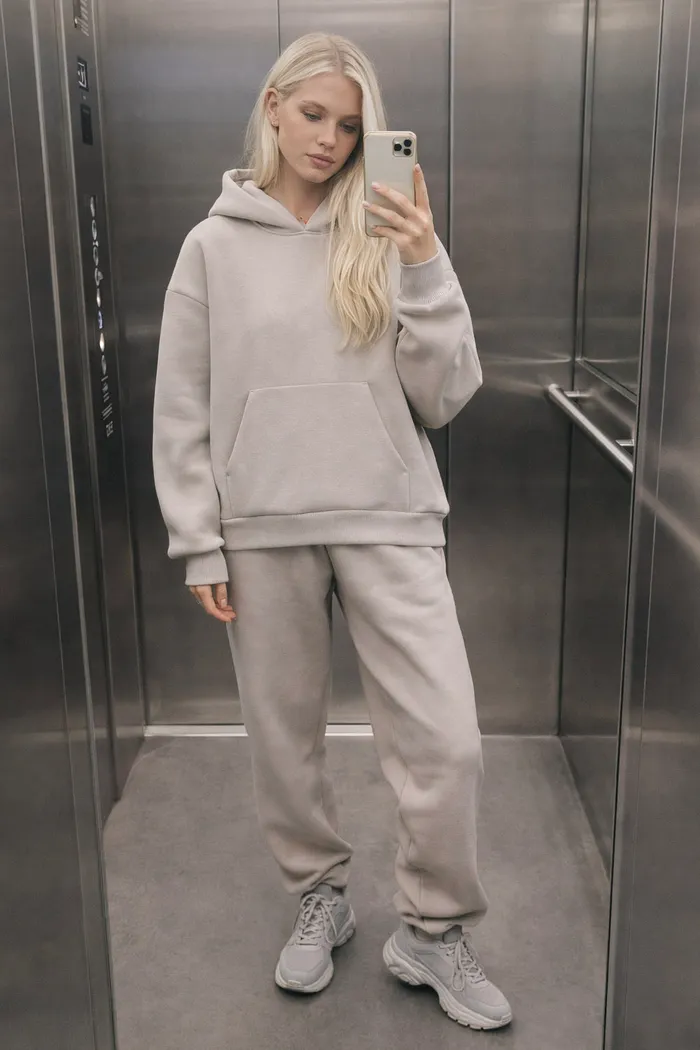 Утепленное худи свободного кроя цвета туман