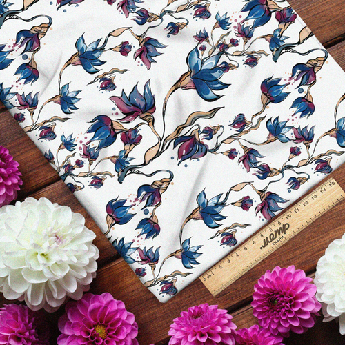 Ткань штапель голубые цветы на белом