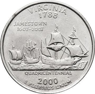 25 центов (1/4 доллара, квотер) 2000 США «Штат Вирджиния» (D)