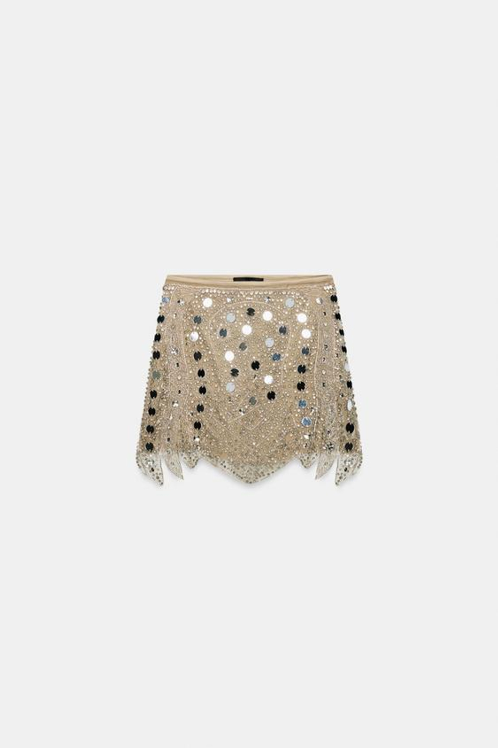 ZARA ТРИКОТАЖНАЯ МИНИ-ЮБКА С БУСИНАМИ, СЕРЕБРИСТЫЙ
