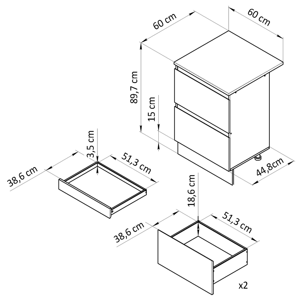 Кухонный модуль 60х43х88, Виола, напольный, с 2 ящиками, ЛДСП, белый, Dipriz