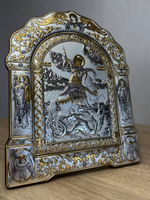 Георгий Победоносец, икона арочная с рамкой, красное дерево 167х228