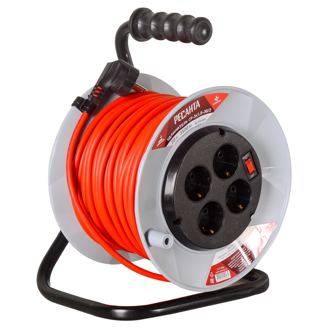 Удлинитель силовой на катушке Ресанта СУ-3х1,5-30/2 (с выкл., 4 розетки)