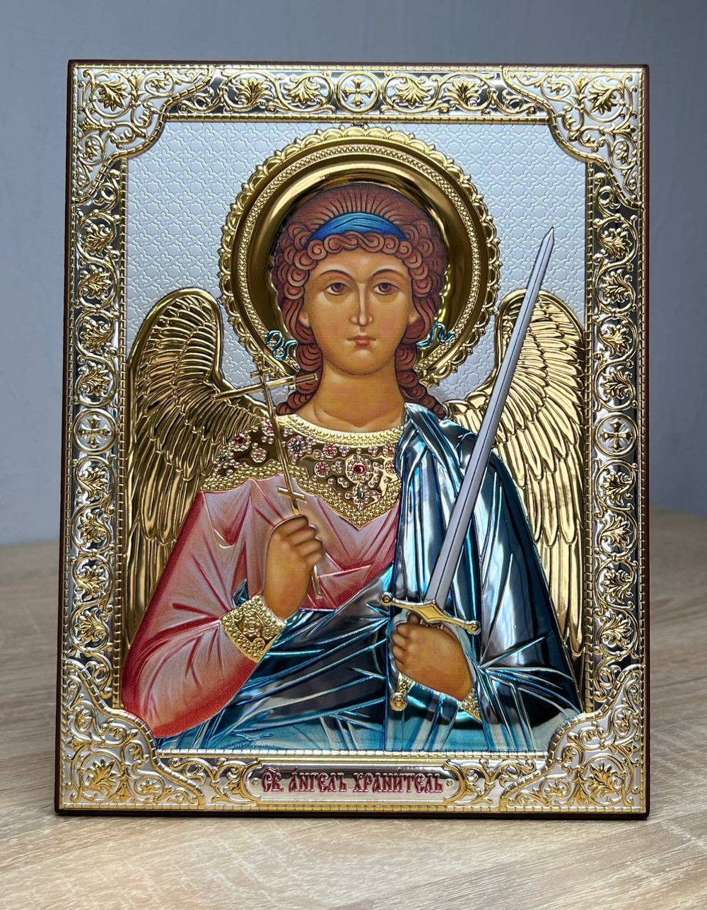Ангел Хранитель, икона прямоугольная без рамки, красное дерево, эмаль 175х225