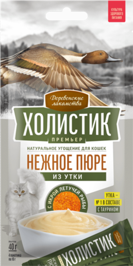 Деревенские Лакомства д/кошек "Нежное пюре из Утки с Икрой летучей рыбы", 4шт