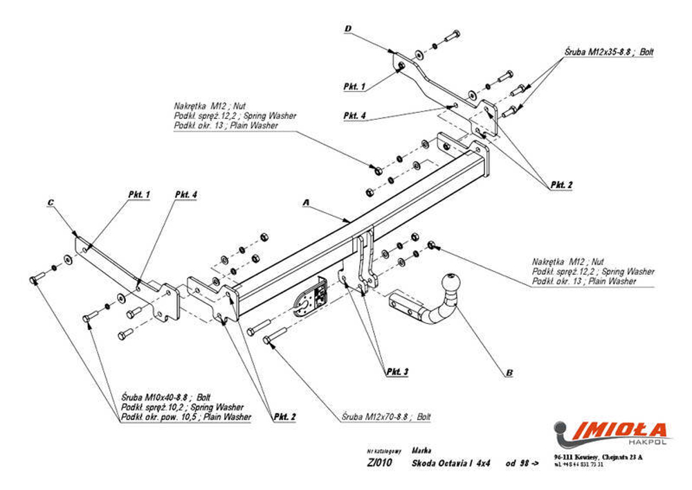 Фаркоп IMIOLA Z.010 Skoda Octavia I 4x4 1998-2004(паспорт и сертификат в комплекте)(без электрики)