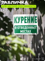 Табличка для частной территории "Курение в отведенных местах", на дом, для участка, организаций и частных территорий, предупреждающая, 40х30 см, Silver Plane x Айдентика Технолоджи