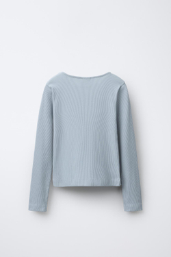 ZARA ФУТБОЛКА В РУБЧИК С ПУГОВИЦАМИ И ВЫРЕЗОМ, СЕРО-СИНИЙ