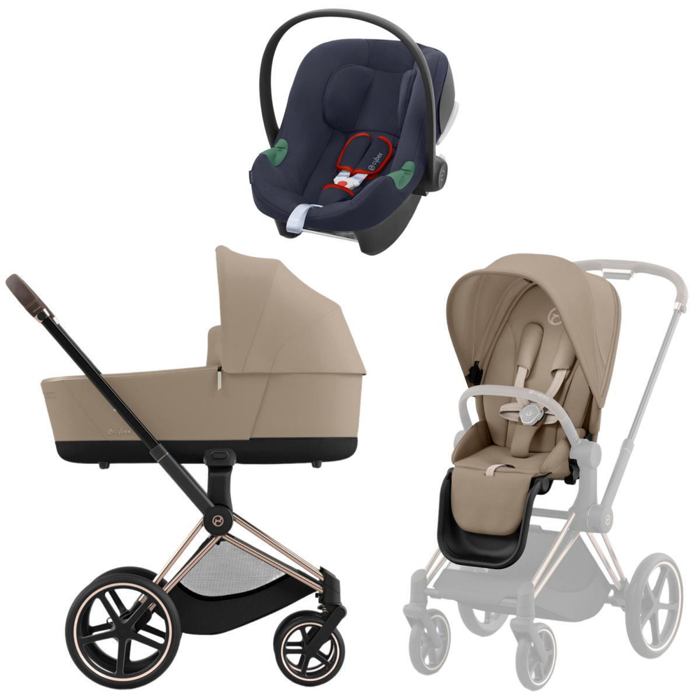 Коляска 3 в 1 Cybex Priam IV Rosegold complete и автокресло Aton B2 i-Size Bay Blue Cozy Beige