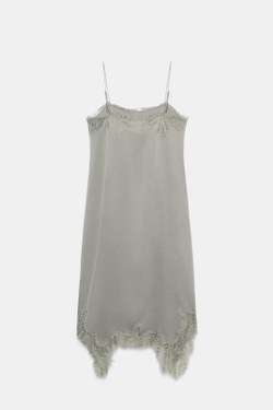 ZARA ПЛАТЬЕ МИДИ С КРУЖЕВОМ — ZW COLLECTION, МЯГКИЙ СЕРЫЙ