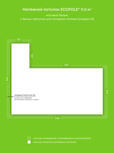 Матовый натяжной потолок 11 м2