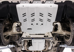 Защита картера, КПП и РК Rival для Maserati Levante I рестайлинг (V - 3.0 (350/430 л.с.); 3.0D (275 л.с.)) (с 2018 года с ЭУР) 2017-н.в., штампованная, алюминий 4 мм, с крепежом, 2 части, K333.3603.1