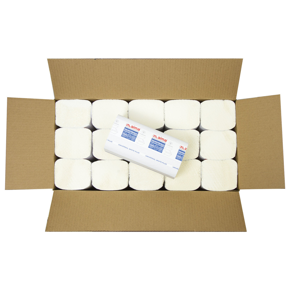 Полотенца бумажные 250 шт., LAIMA (H3) UNIVERSAL WHITE PLUS, 1-слойные, белые, КОМПЛЕКТ 15 пачек, 23×23, V-сложение.