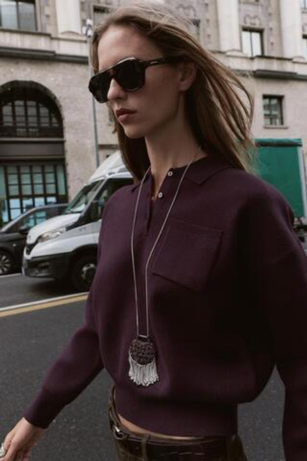 ZARA СВИТЕР С ВОРОТНИКОМ ПОЛО И КАРМАНОМ, БОРДОВЫЙ